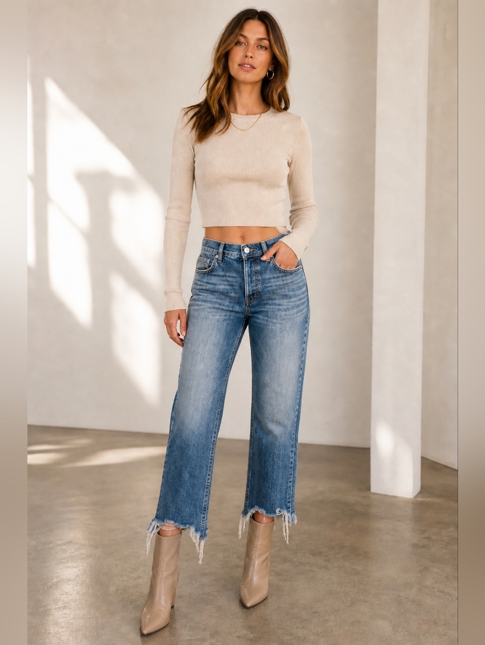 Free People Maggie Straight Jeans Raw Hem Cropped Medium Wash
